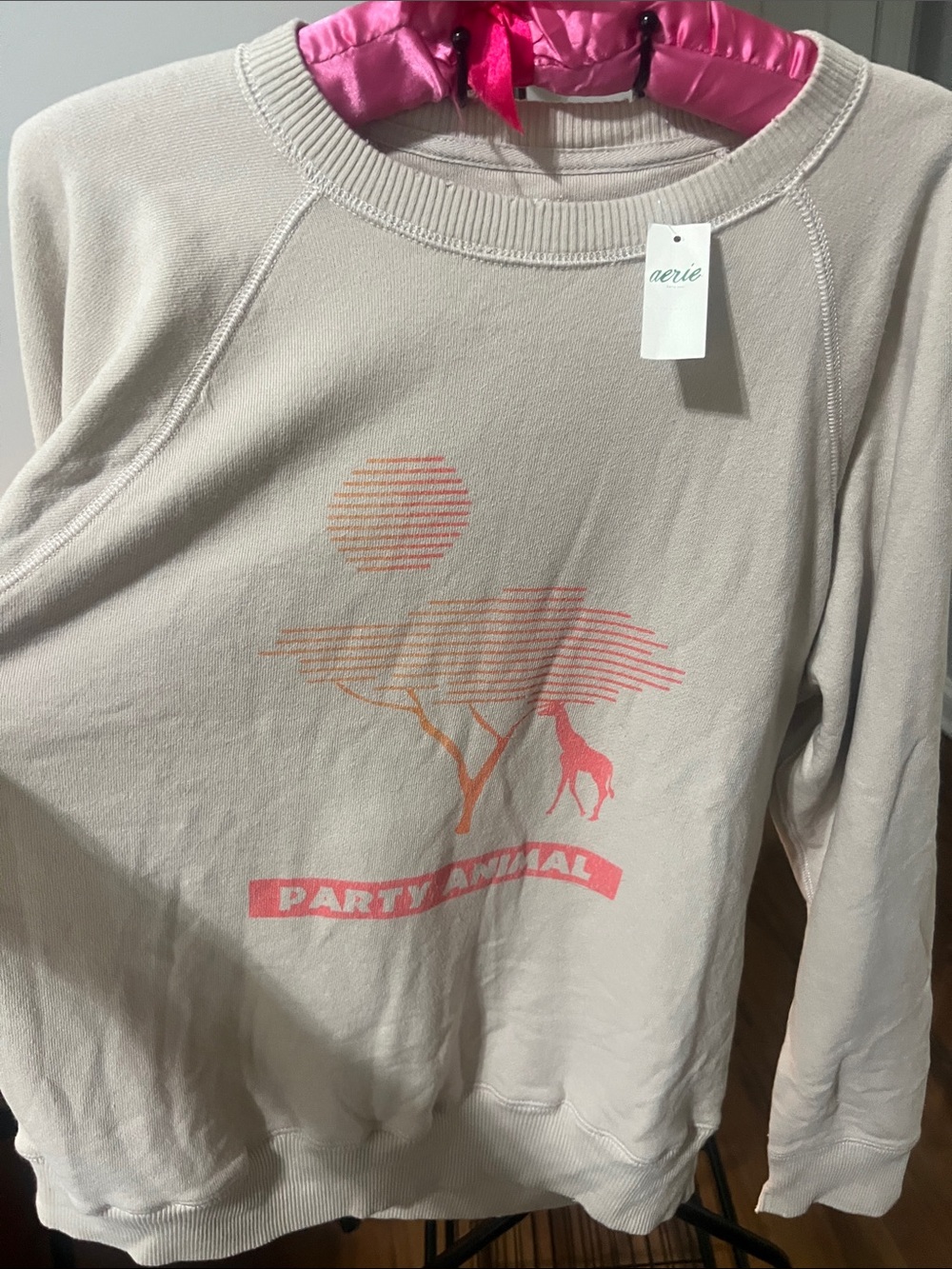 aerie Lightweight Cream Crewneck Sweatshirt with Pink-Orange Safari Graphic